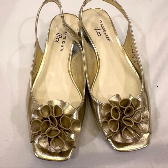 AK Anne Klien Iflex Metallic Gold OpenToe Slingback Flats FlowerToe Shoes Sz 6.5 - Picture 3 of 10